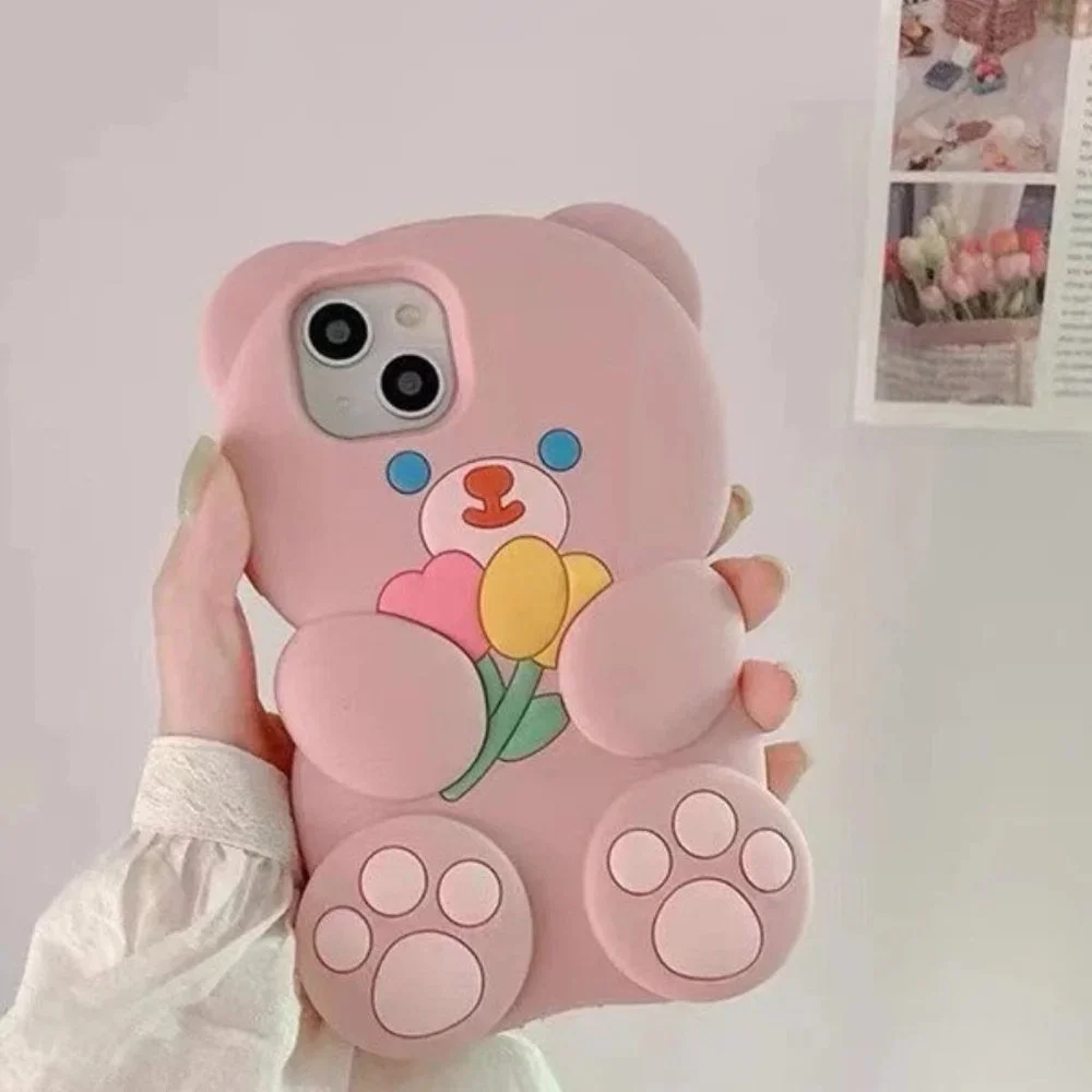 Pink Cartoon Bear Design Silicone Anti-fall Phone Case for iPhone 13 Pro Max